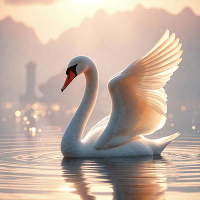 The primary subject of the image is a white swan floating on a body of water. The swan is the main focus of the image, and it appears to be the center of attention. The setting is a serene body of water, with the swan gracefully gliding through the water. The visual style of the image is a photo, capturing the beauty of the swan in its natural habitat. The colors and mood of the image are predominantly calm and serene, with the white swan being the main source